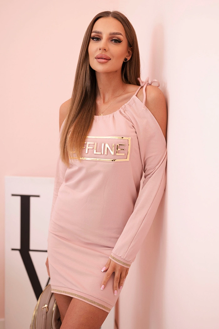 Kesi Women's cotton dress with off-the-shoulder design and OFFLINE print dark powder pink