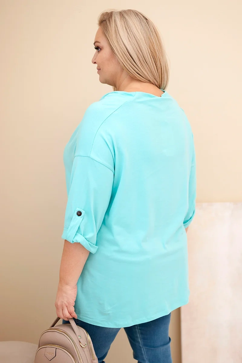 Kesi Włoski Dámska blúzka Plus Size z bavlnou s voľným strihom a vodným výstrihom mätová