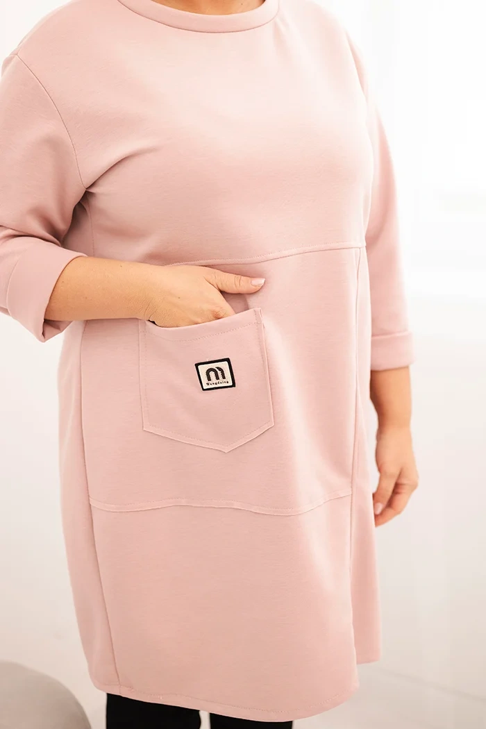 Kesi Włoski Dámska sukňa Plus Size maslo s vreckom a rukávom 3/4 pudrová ružová