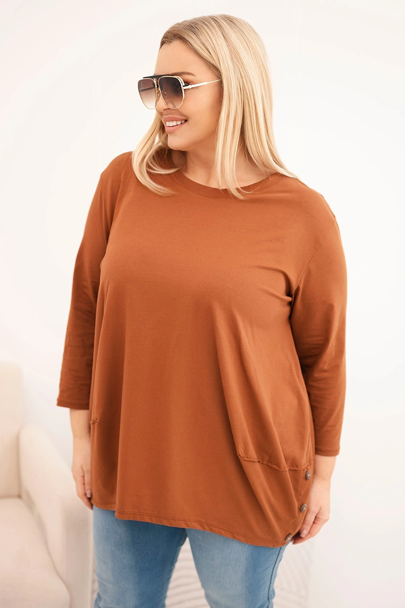 Kesi Women's Plus Size cotton blouse with decorative buttons and rolled-up sleeves camel