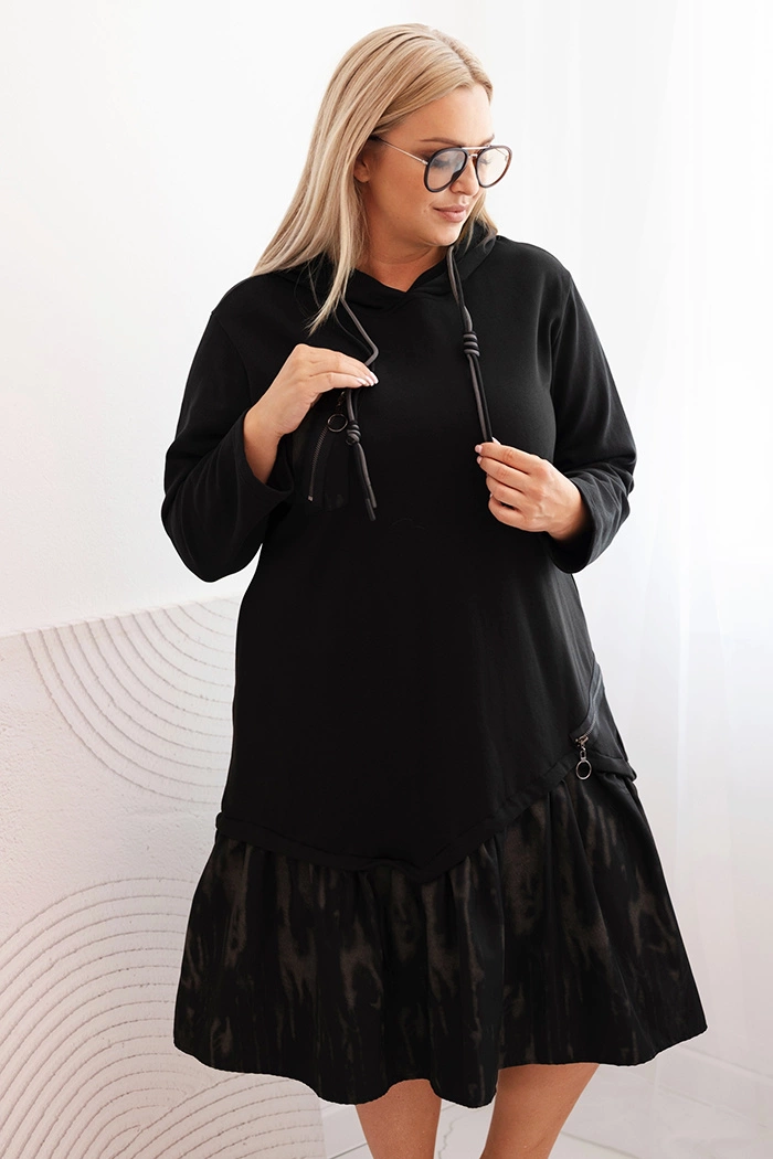 Kesi Włoski Plus Size women&#039;s cotton dress with a hood and ruffle black