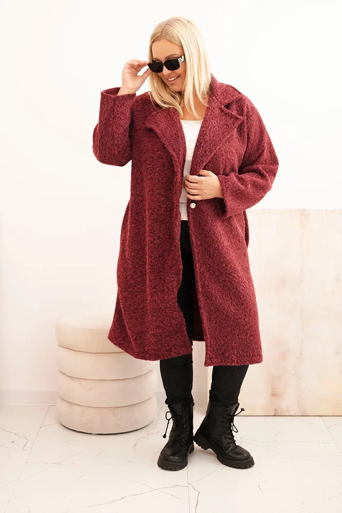 Kesi Włoski Dámsky kabát Plus Size s vlnou a veľkým golierom bordový