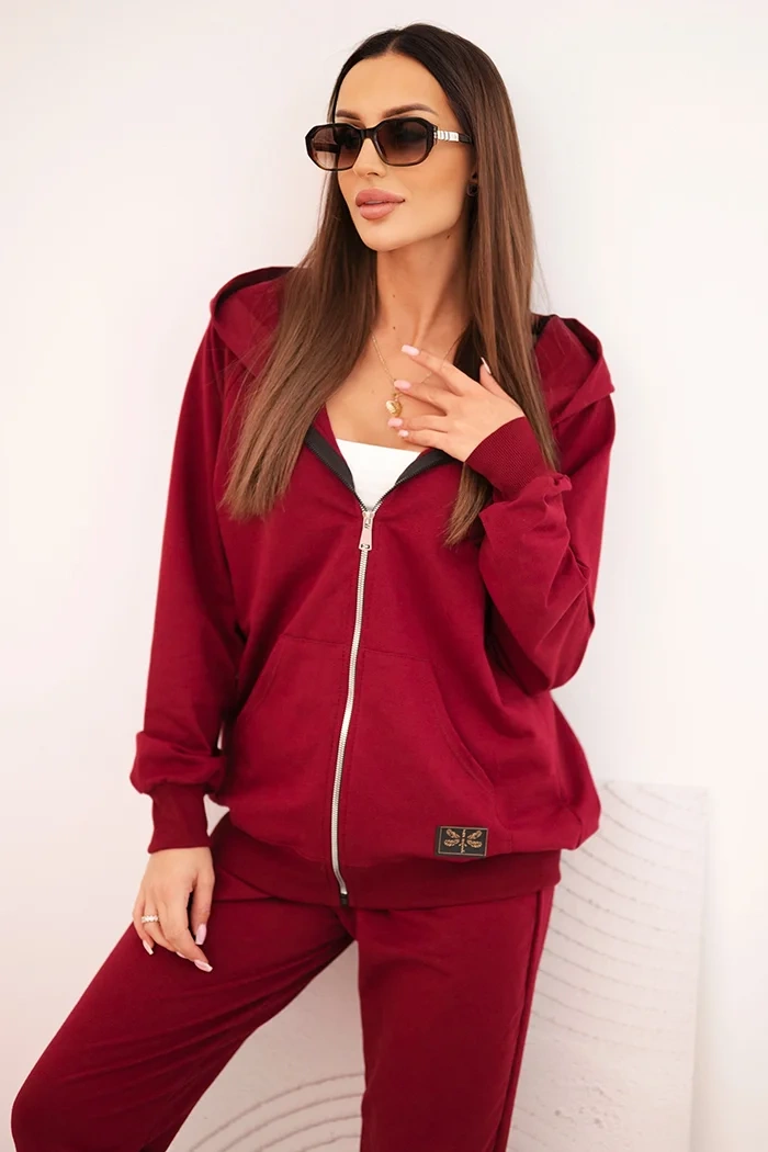 Polski Women&#039;s cotton set with a hood and a zipper maroon