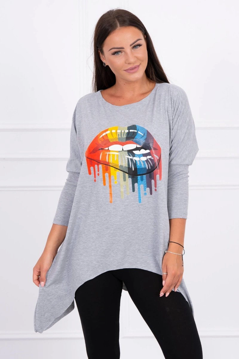 marka niezdefiniowana Blouse oversize with rainbow lips print gray