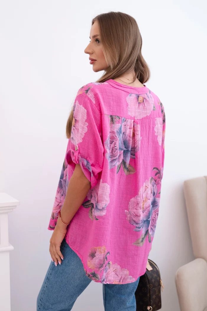 Kesi Włoski Women's cotton blouse with a floral pattern pink