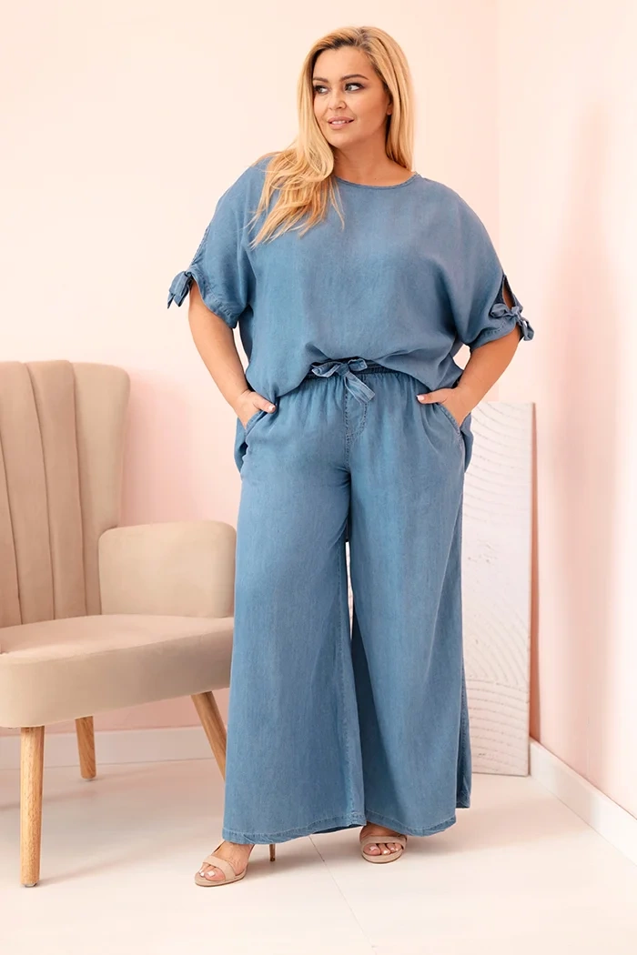 Kesi Włoski Dámská souprava Plus Size z tencelu, halenka s vázáním a široké kalhoty džínový