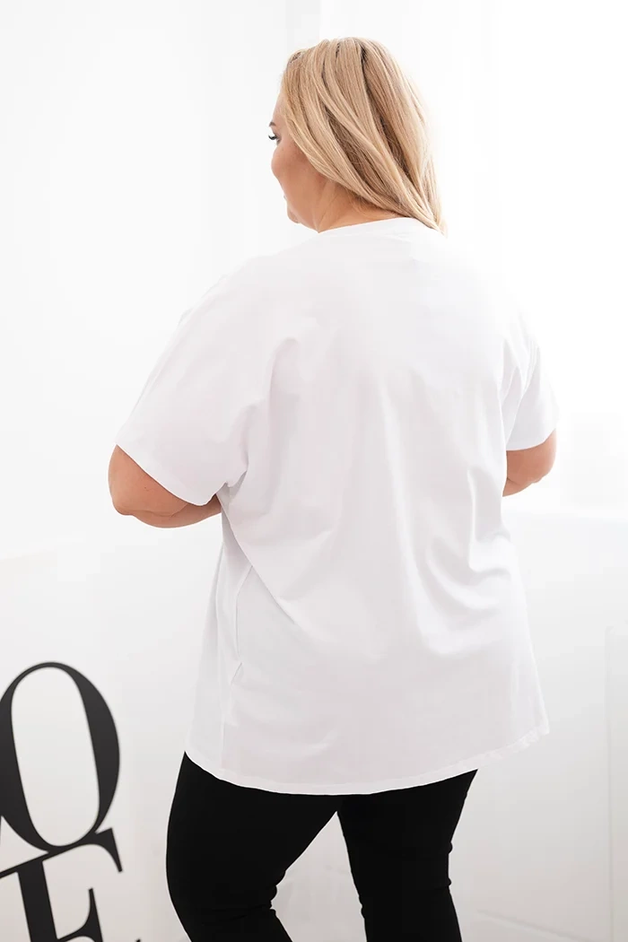 Kesi Włoski Women's Cotton Plus Size Blouse with Feather Motif white + green