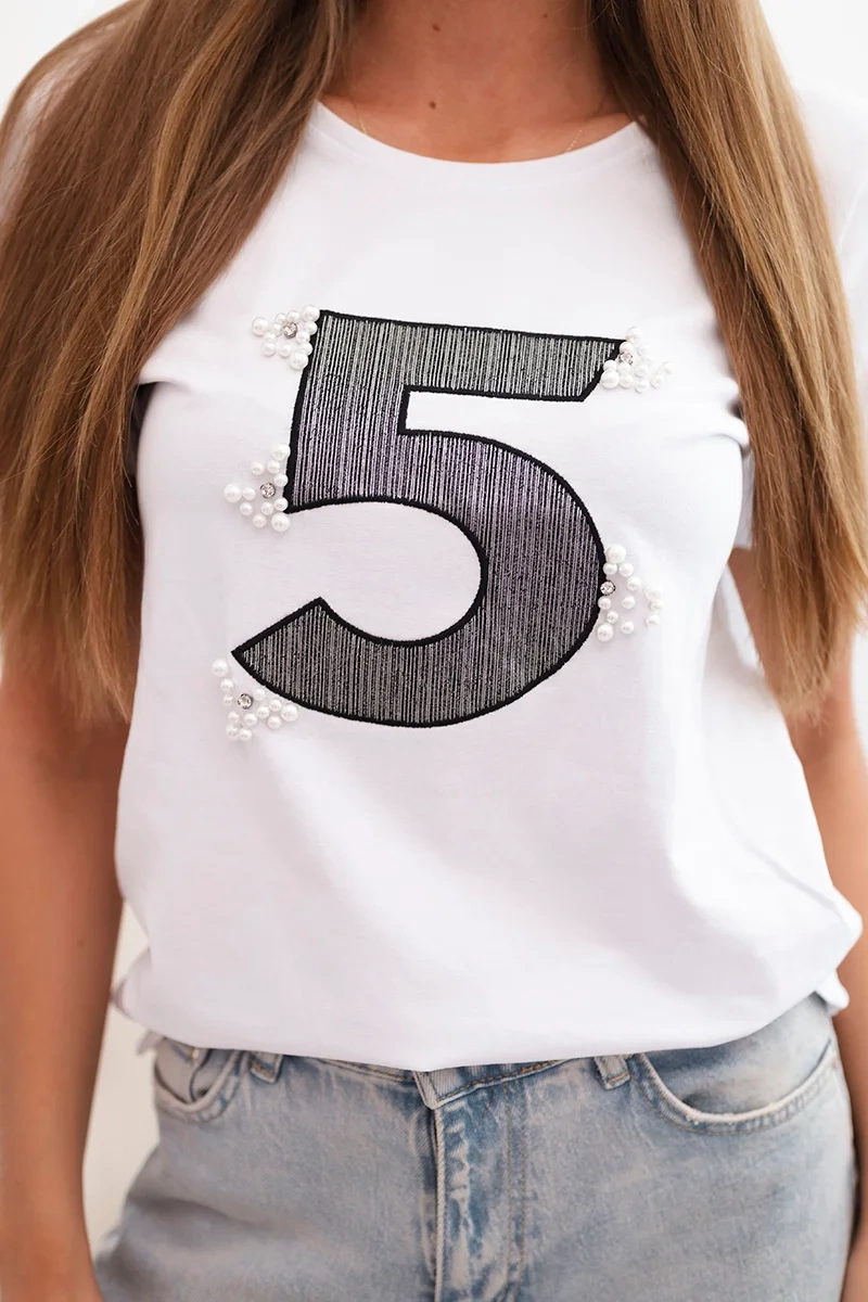 Kesi Women's cotton short-sleeve blouse with a patch of pearls white