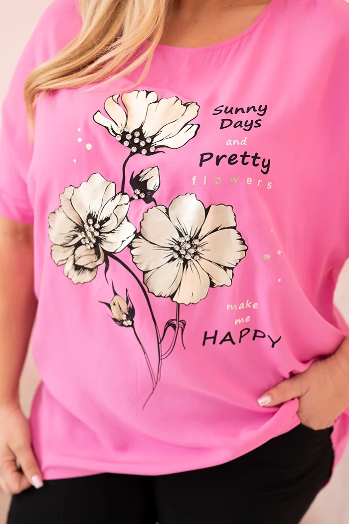Kesi Włoski Plus Size women's blouse made of viscose with floral print and inscription pink