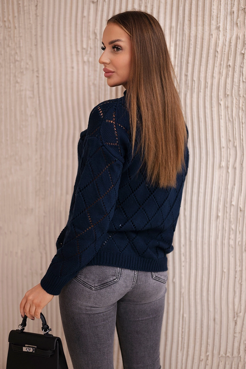 High-neckline sweater with diamond pattern navy blue