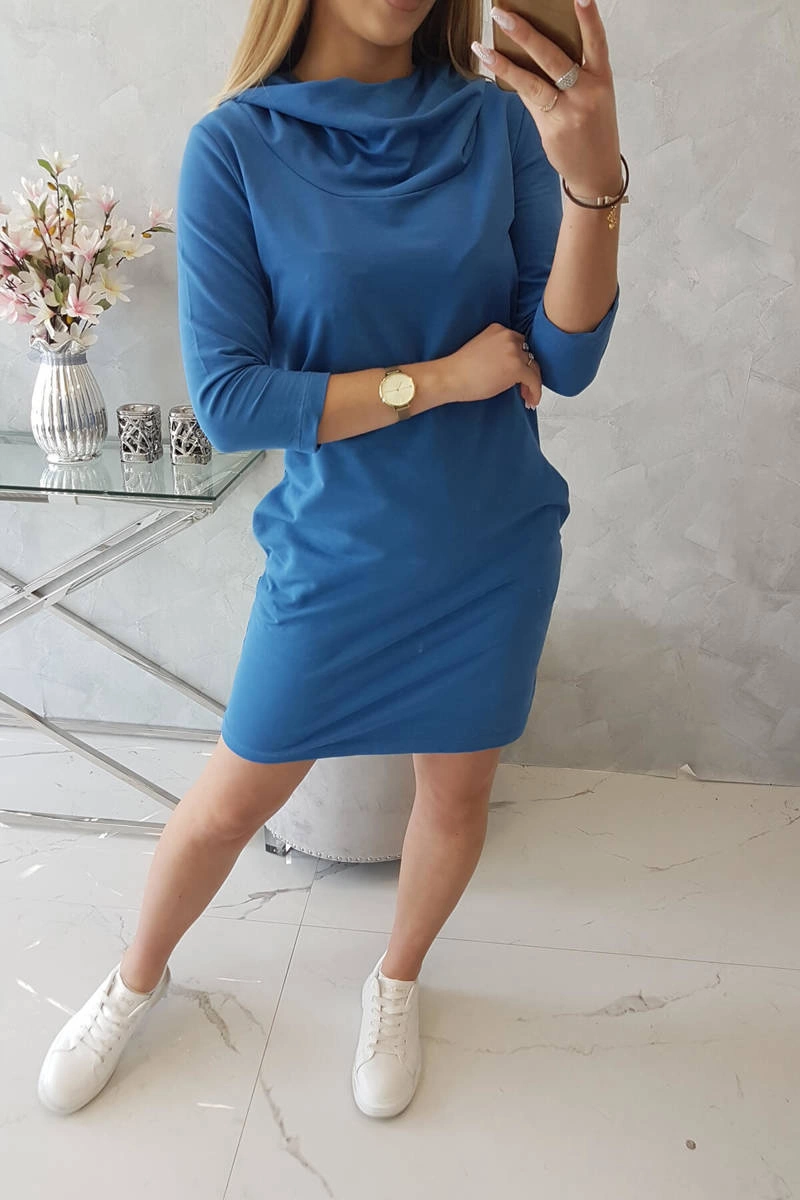 Denim dress with a hood and pockets