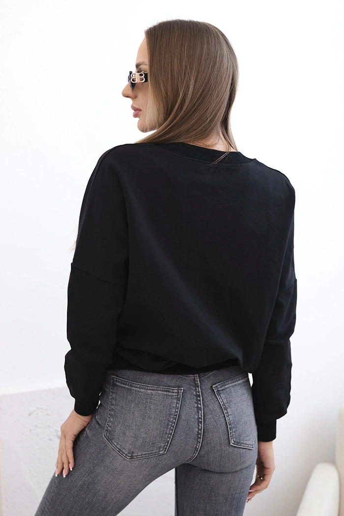 Kesi Women&#039;s sweatshirt with a V-neck and velvet leaf black