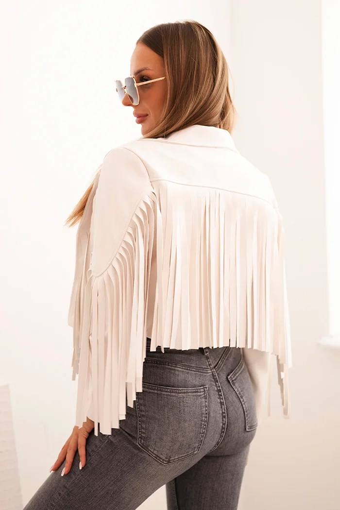 Kesi Włoski Women's eco-leather jacket with fringes in boho style light beige