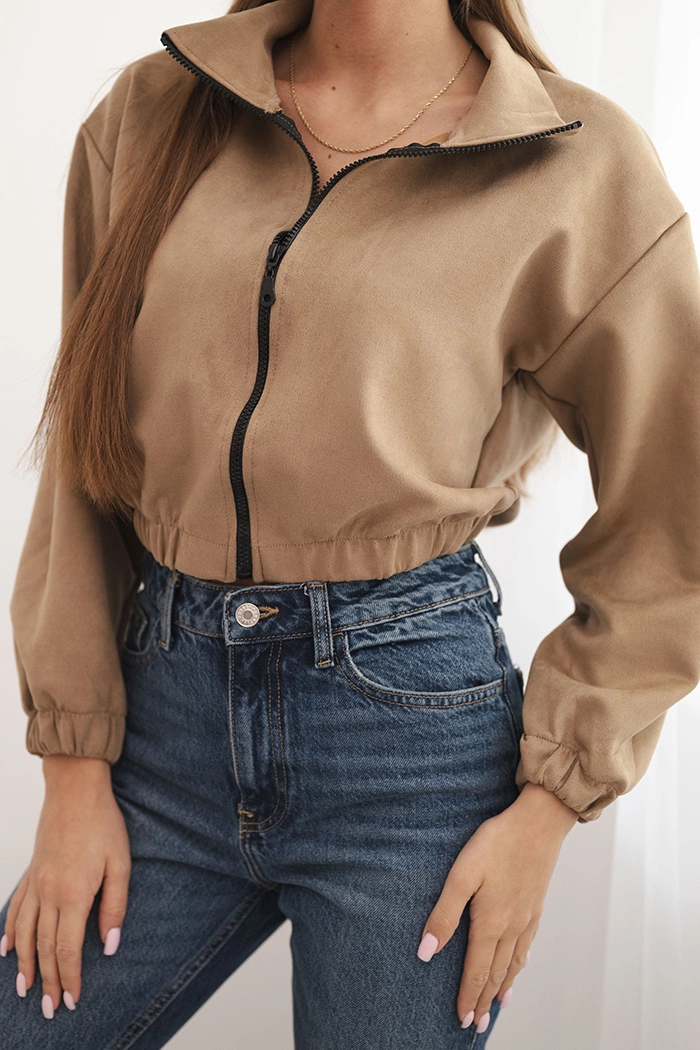 Beige suede sweatshirt with zipper