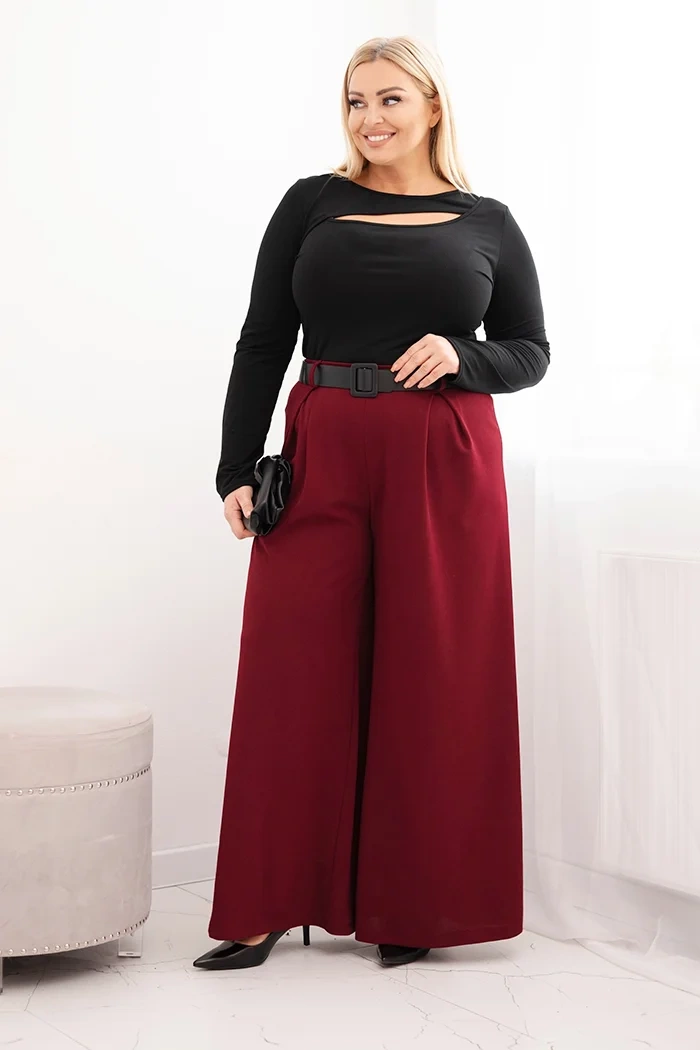 Kesi Włoski Plus Size women's trousers with wide legs and a belt burgundy