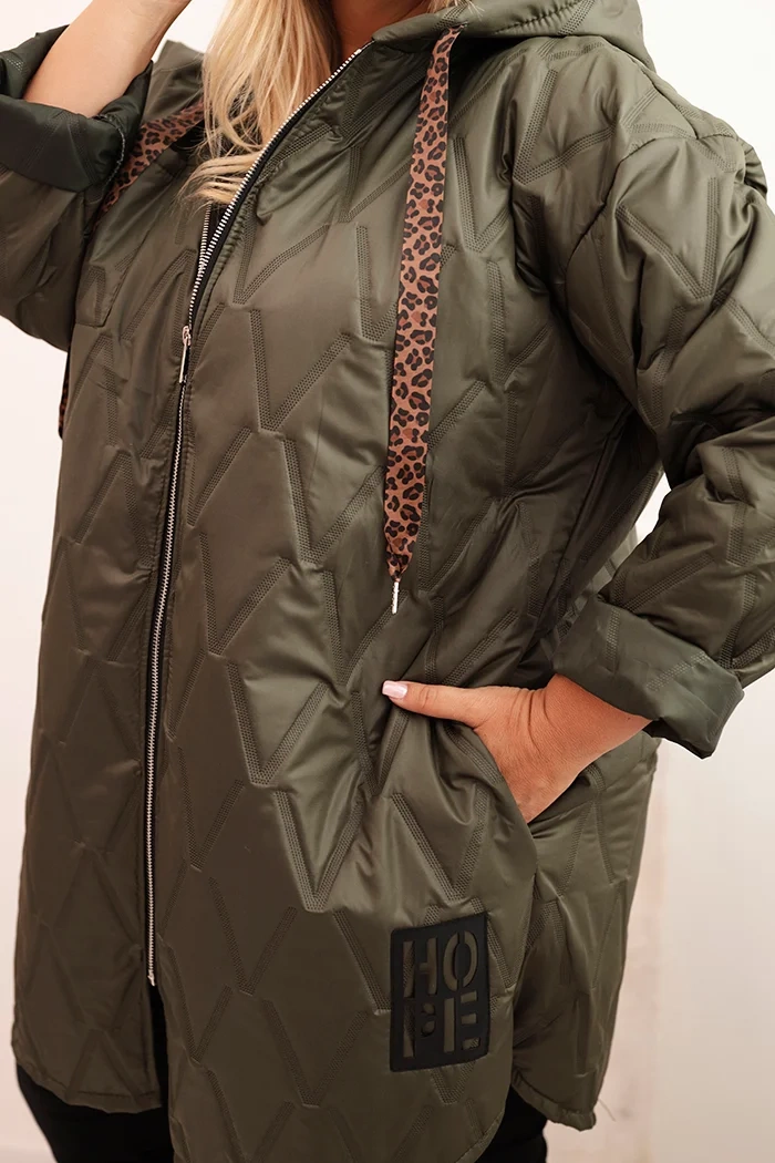 Kesi Włoski Plus Size women's quilted jacket with a hood and the inscription HOPE khaki