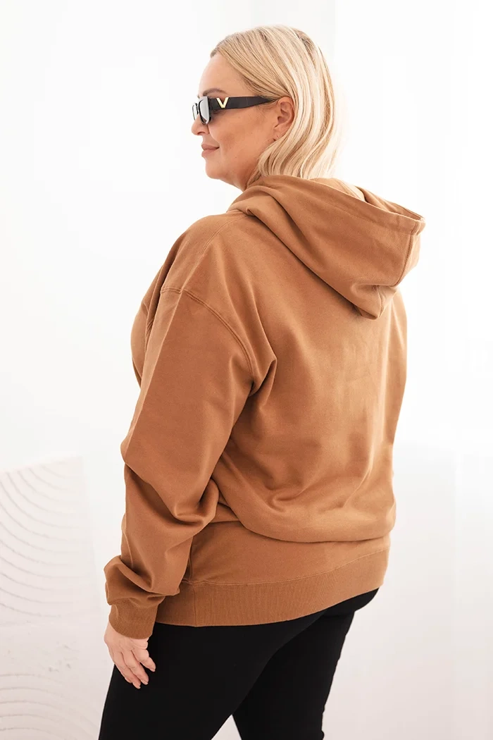 Kesi Włoski Women's Plus Size looped cotton hoodie with kangaroo pocket camel