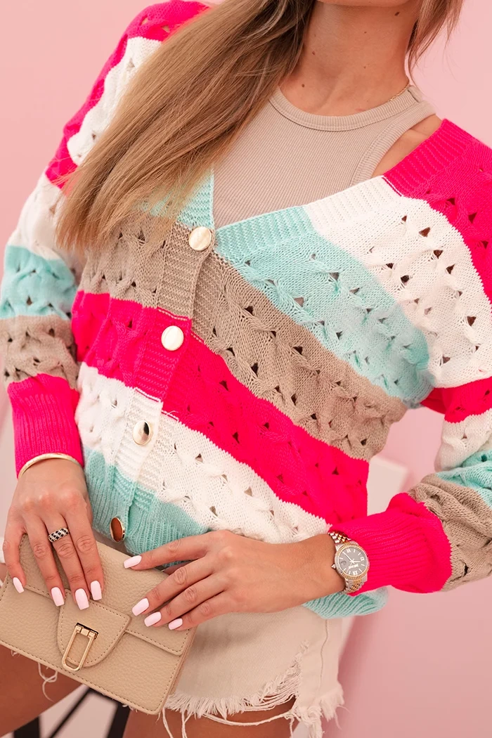 Kesi Włoski Women's striped openwork sweater with V-neck fuchsia + fango