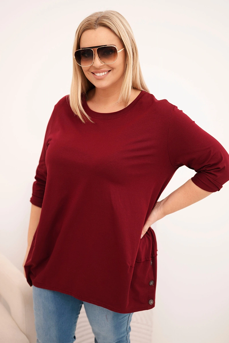 Kesi Plus Size women's cotton blouse with decorative buttons and rolled-up sleeves burgundy