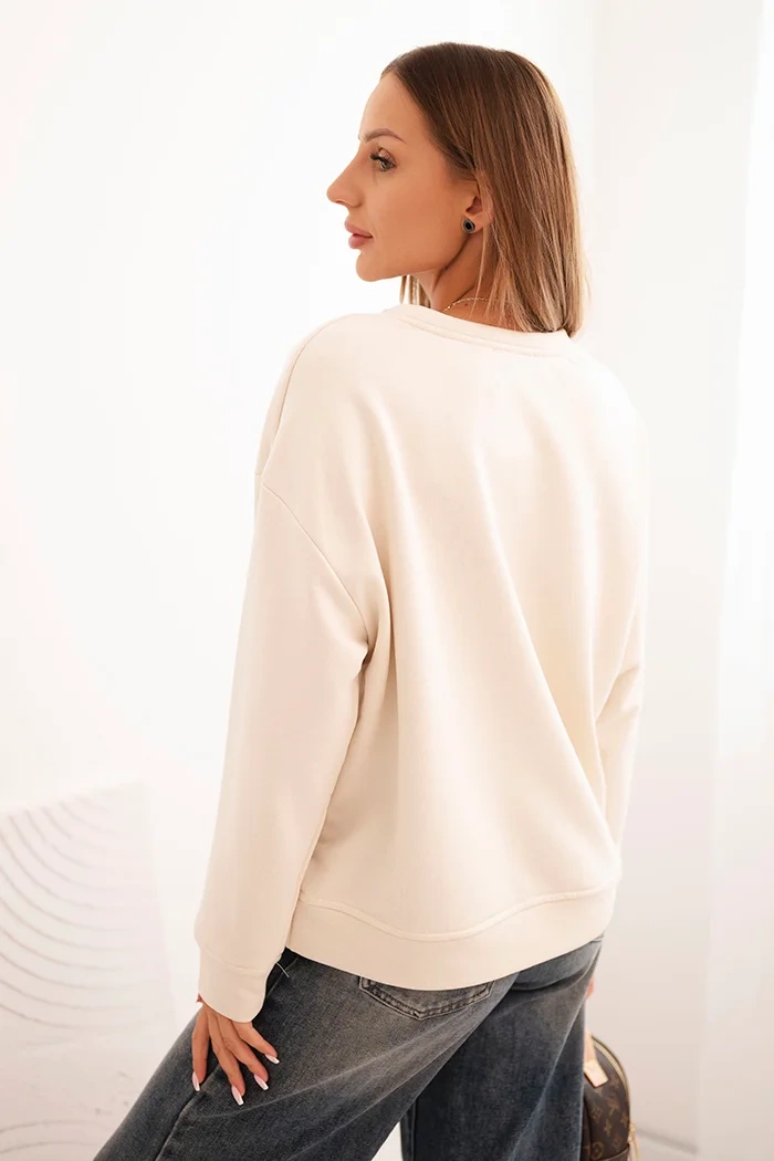 Kesi Włoski Women's cotton sweatshirt with a cat print and text light beige