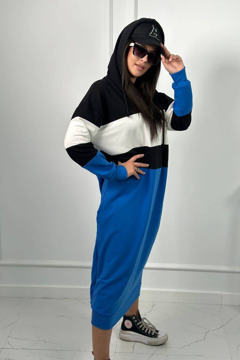 Three-color hooded dress black + ecru + cornflower