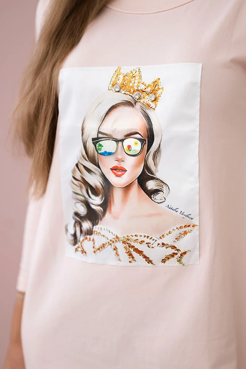 Dress with graphics of a girl in glasses 3D powder pink
