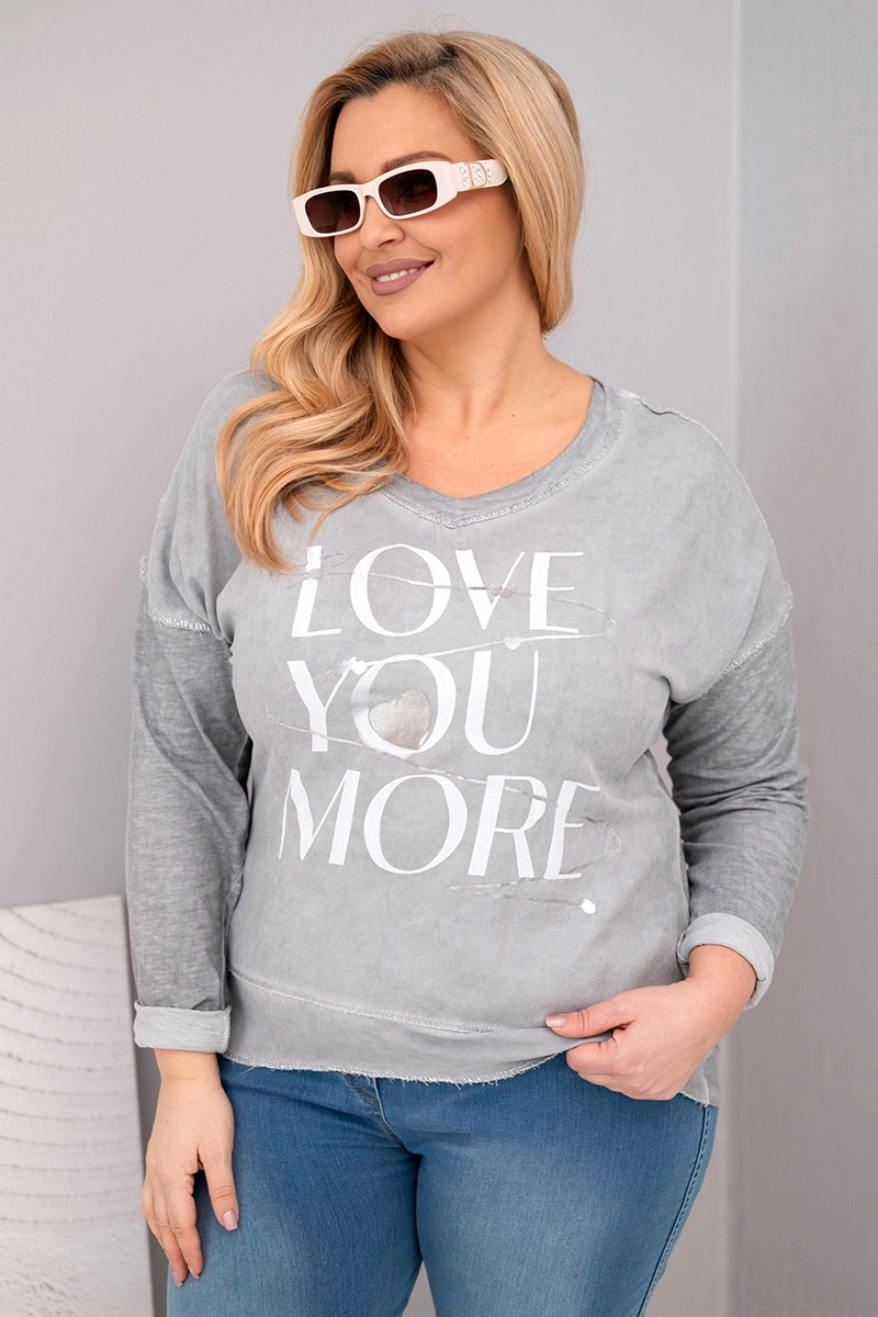Kesi Włoski Plus Size women's blouse distressed with the inscription Love You More gray