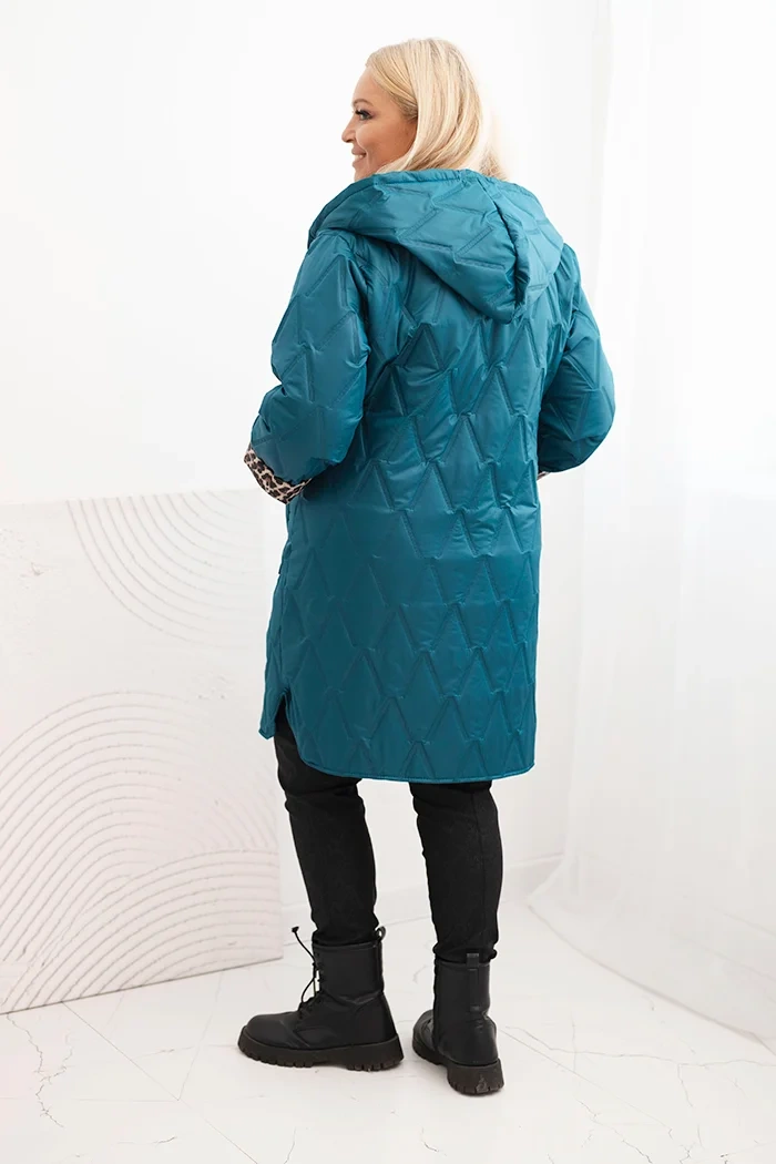 Kesi Włoski Plus Size women's quilted jacket with leopard lining and hood sea green