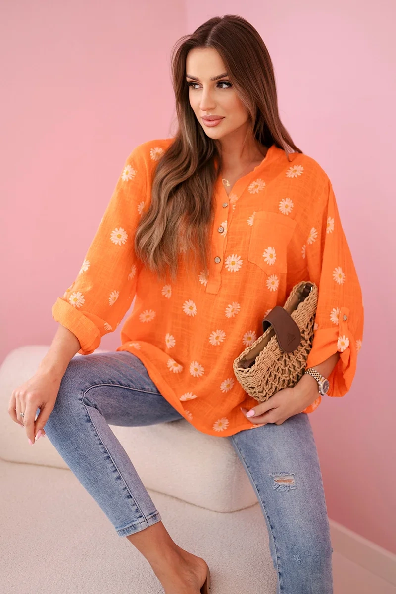Kesi Włoski Linen Womens Blouse with Floral Pattern, Long Sleeves, and Buttons Orange