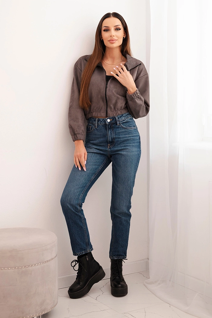 Suede zip-up sweatshirt in grey color