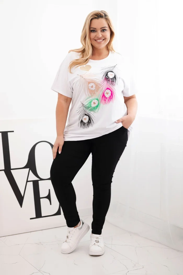 Kesi Włoski Women's Cotton Plus Size Blouse with Feather Motif white + pink