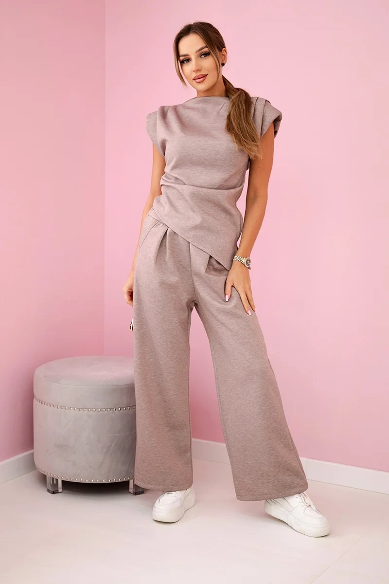 Kesi Włoski Set asymmetrical blouse + pants beige melange