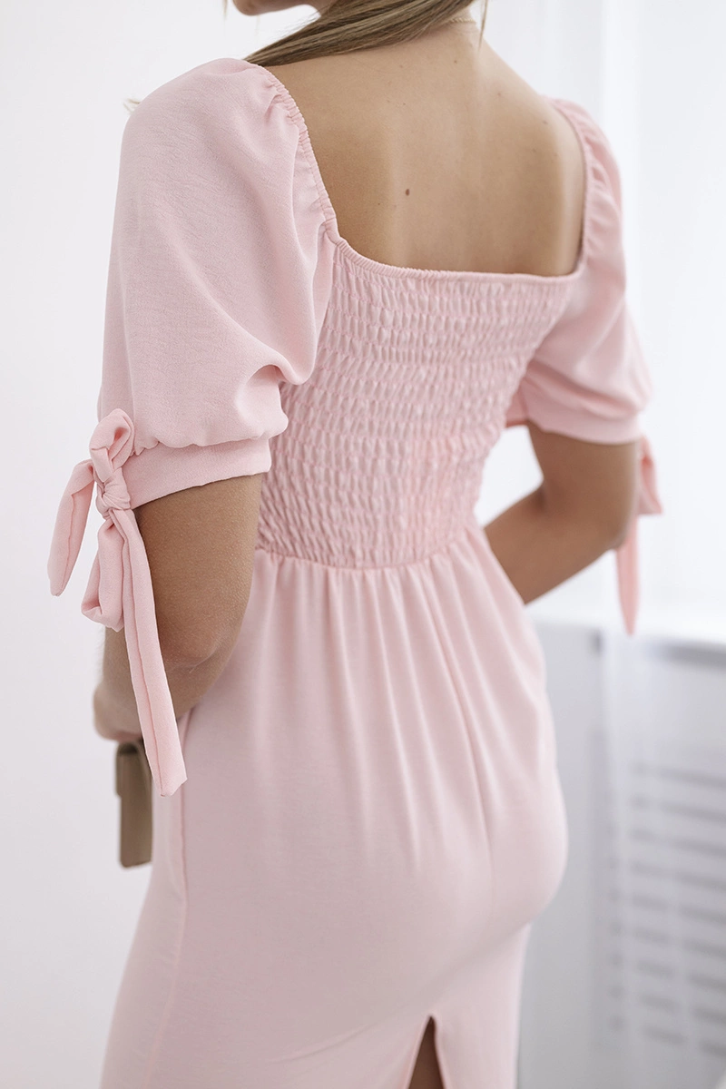 Women's dress gathered at the back with tie-up sleeves - light pink