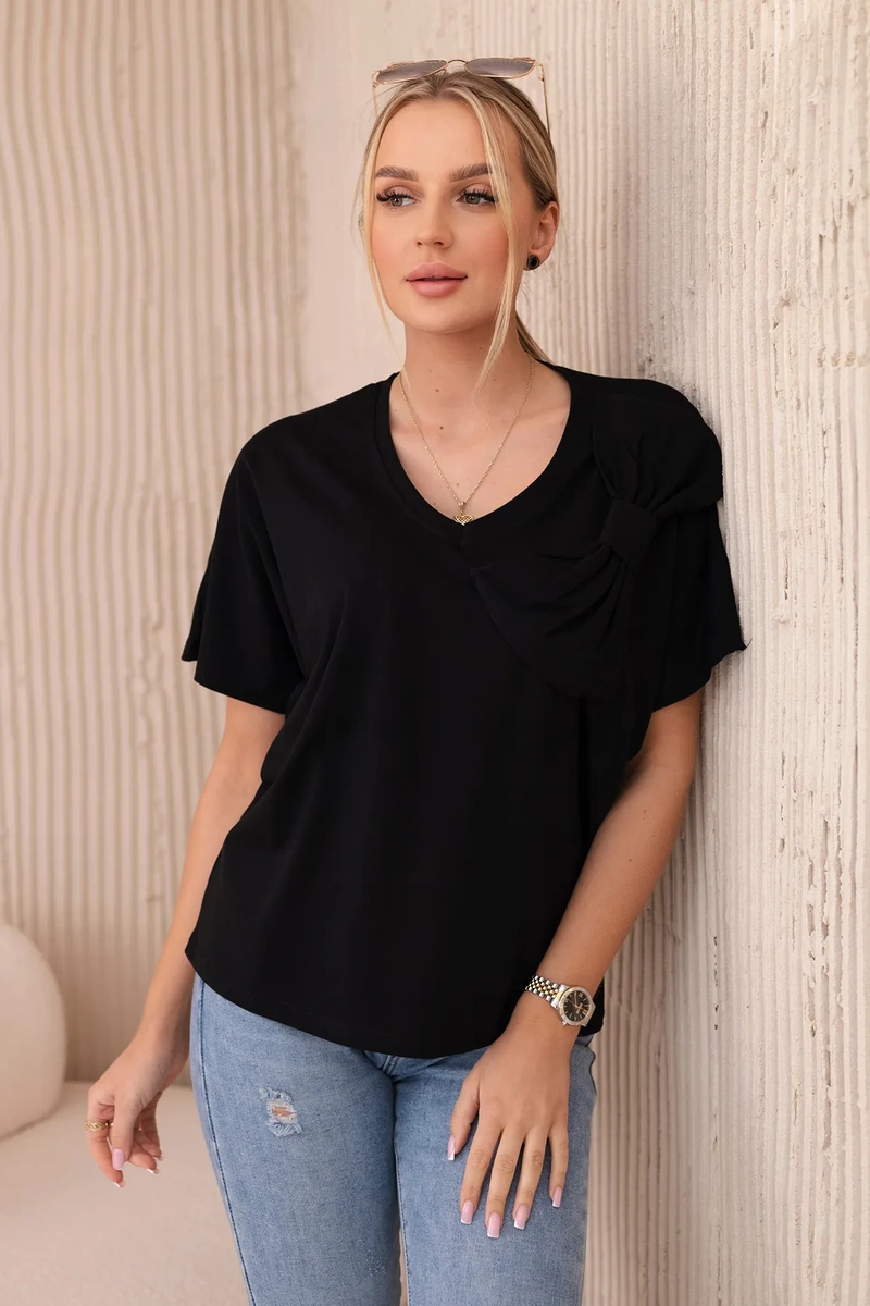 Cotton blouse with decorative bow black