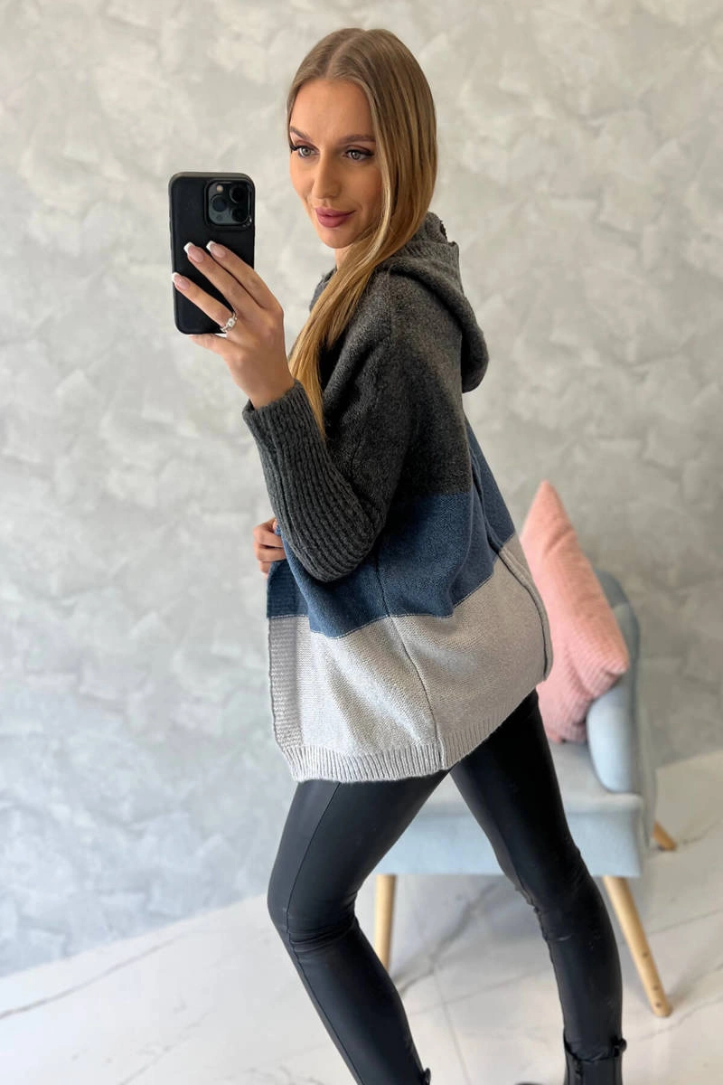 Tri-color hooded sweater graphite+jeans+gray
