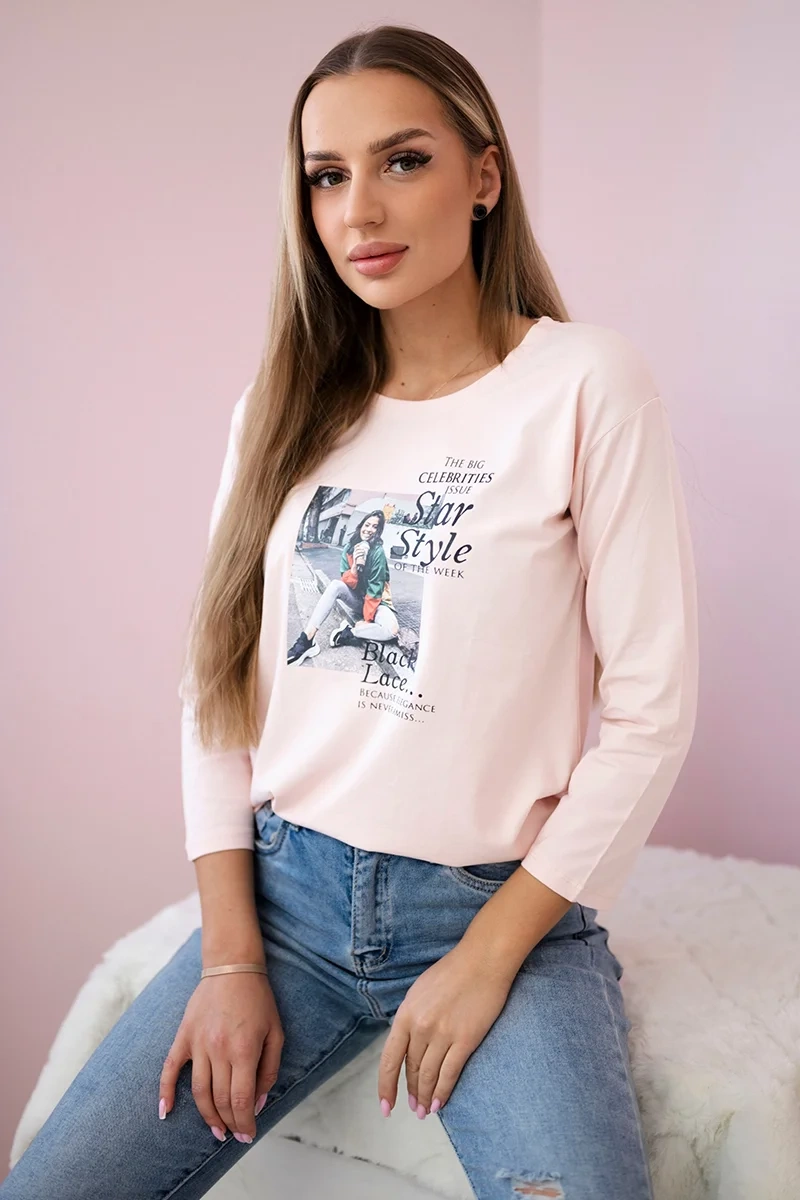 Blouse with Star Style print in powder pink