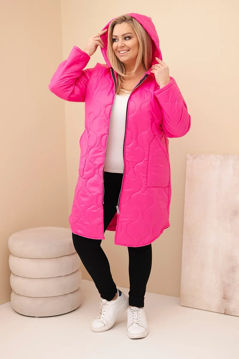 Kesi Włoski Dámska zimná prešívaná bunda Plus Size s kapucňou ružová neon
