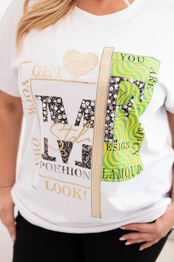 Kesi Włoski Women's cotton Plus Size blouse with print and sequins white + green