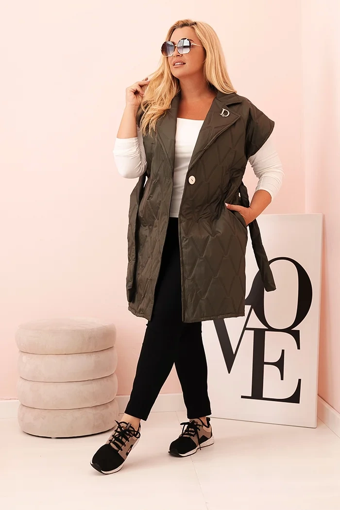 Kesi Włoski Plus Size women's quilted vest with belt and collar khaki