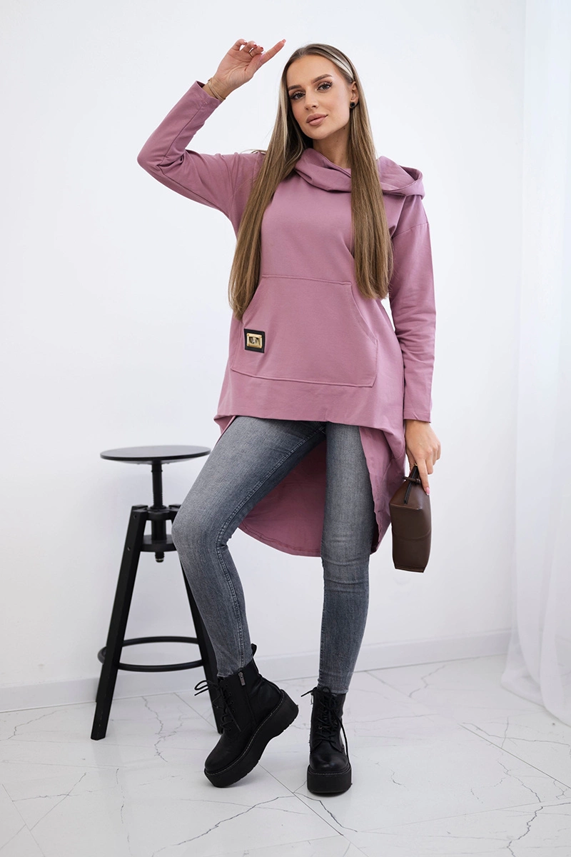Sweatshirt with long back and hood dark pink