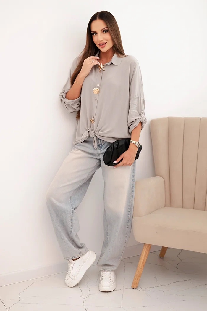 Kesi Włoski Women's shirt with viscose, featuring decorative buttons and a collar, dark beige