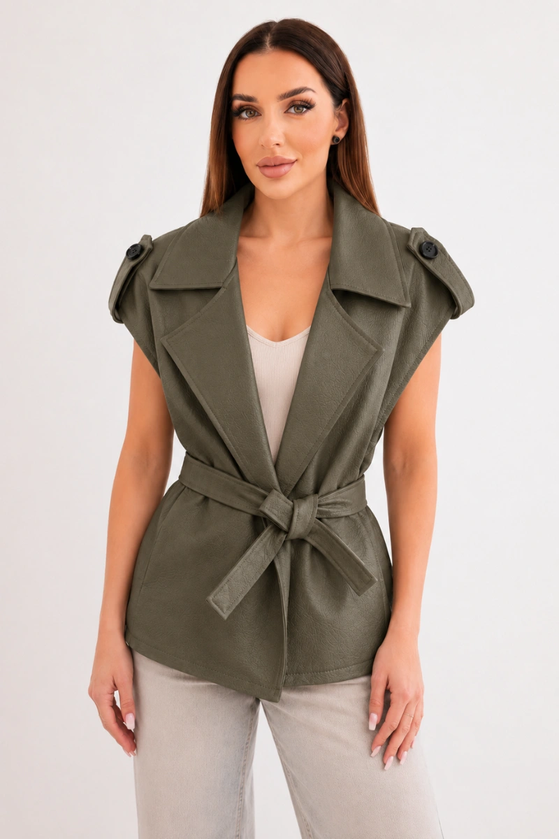 Kesi Włoski Women's faux leather vest with belt khaki