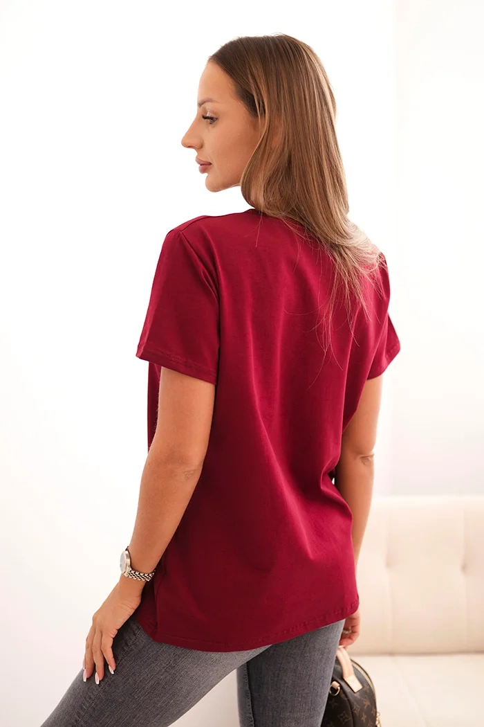 Polski Women's cotton blouse with a V-neck and short sleeves burgundy