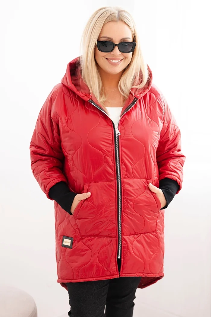 Kesi Włoski Dámska bunda Plus Size prešívaná s kapucňou červená