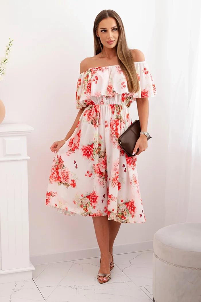 Kesi Włoski Women's dress with a frill and bare shoulders with flowers red