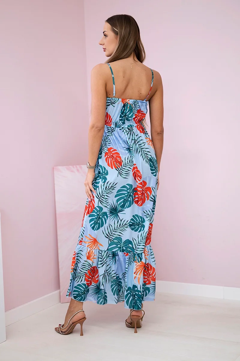 Dress with a leaf motif of azure color