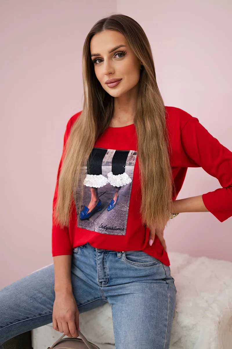 3D Graphic Blouse with Zirconia Red