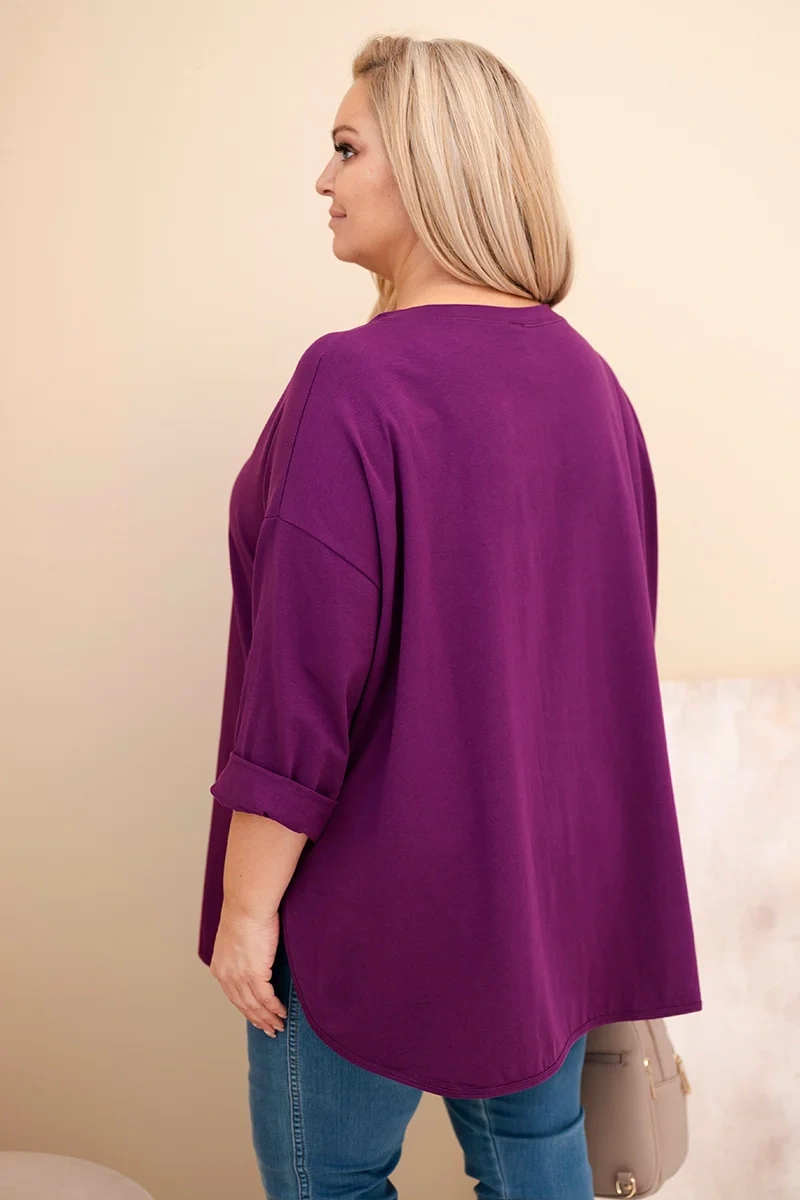 Kesi Włoski Dámska blúzka Plus Size s bavlnou, s vreckom a s rukávom srolovaným tmavo fialová