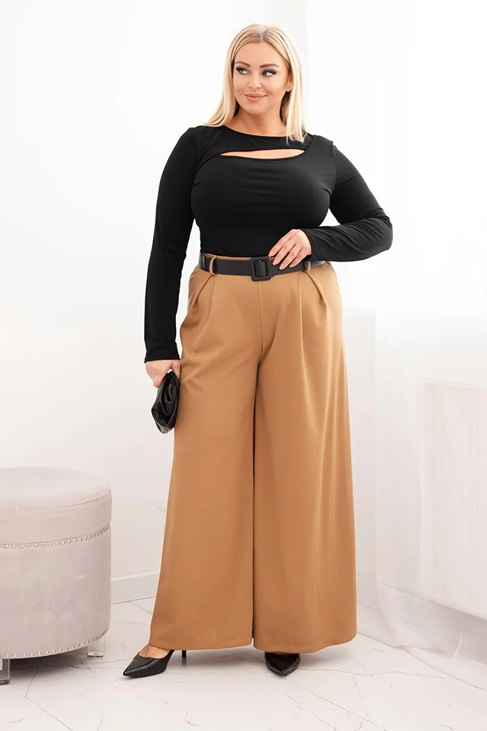 Kesi Włoski Women's Plus Size pants with wide legs and a belt camel