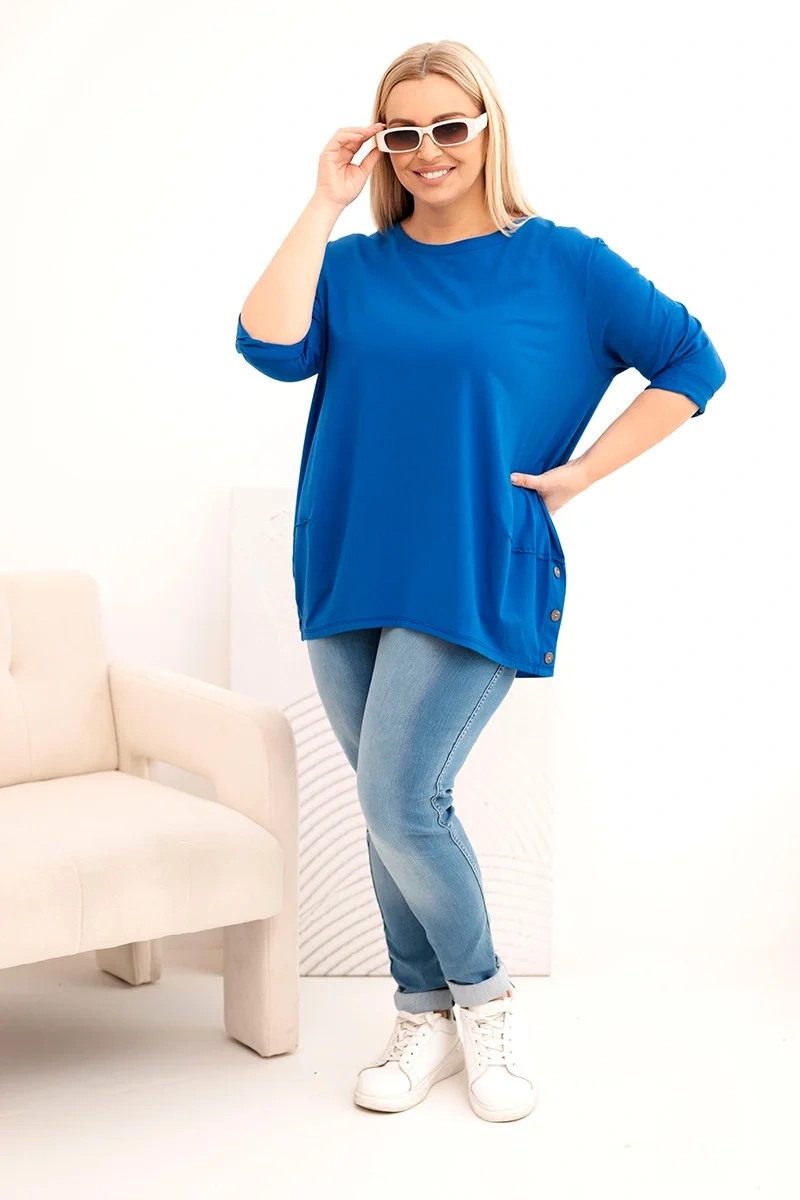 Kesi Dámska blúzka Plus Size z bavlny s ozdobnými gombíkmi a vyhrnutými rukávmi chabrová